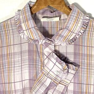 Vintage SHIRT ACCENT Plaid Ruffles Button Front Long Sleeve Womens 34 S Purple